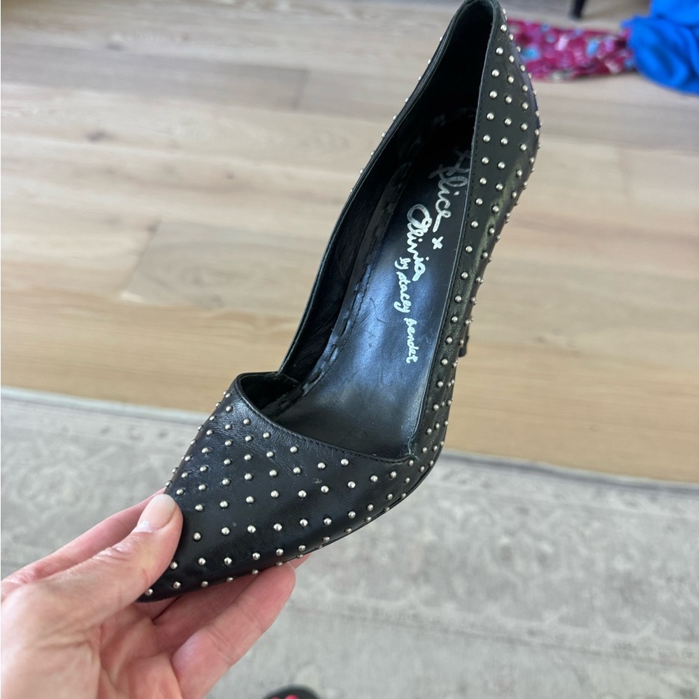 Alice + Olivia Dina Black Studded Heels with Pointed Toe